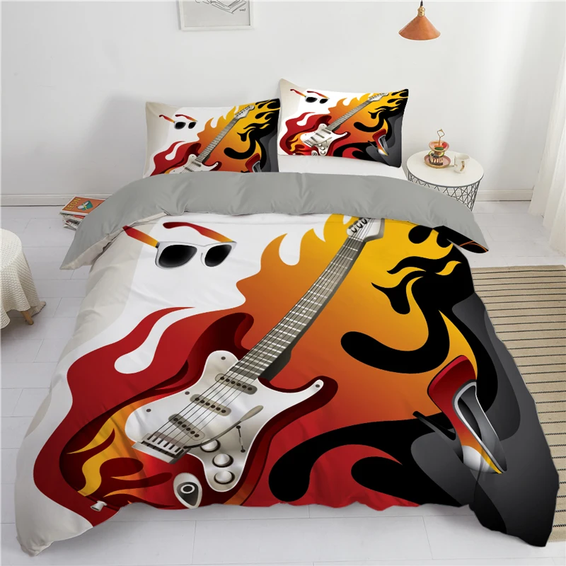 

3d Polyester Bedding Set Queen Guitar Printed Duvet Cover with Pillowcase 140 Bed Cover Rock Instruments Pattern Bedspread King