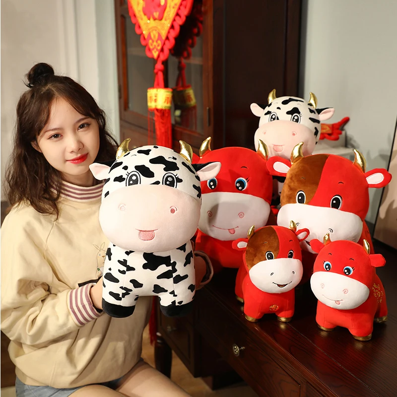 

Cute Red Cattle Plush Toy Jubilation Cow Spring Festival Mascot Cartoon Bull Soft Stuffed Doll Pillow Birthday New Year's Gifts