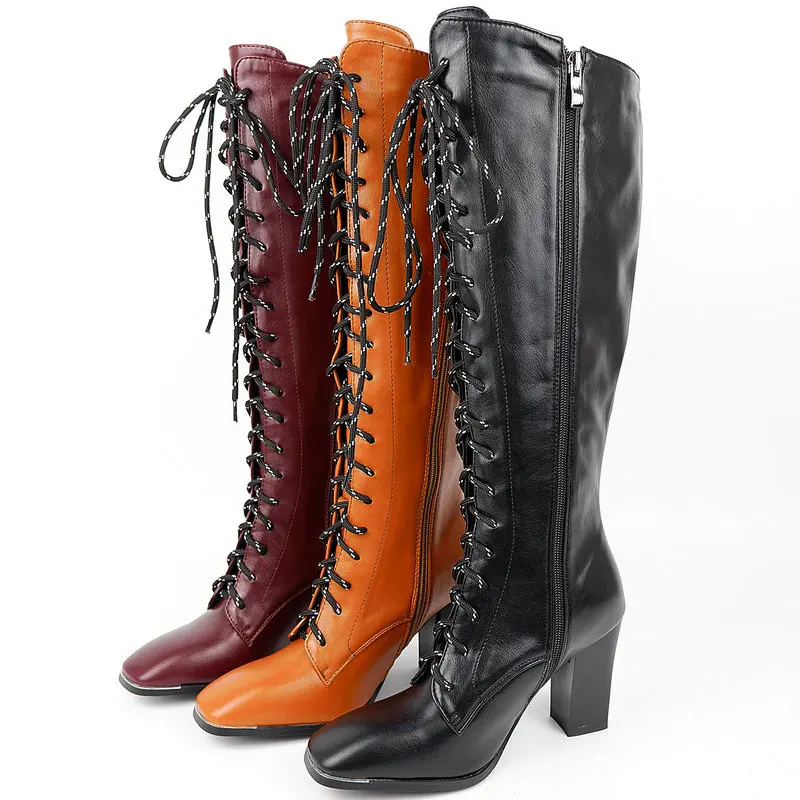

Black Lace Up Knee High Boots Autumn Women Boots Pu Leather Square Toe High Heel Long Boots Zipper Winter Shoes Big Size 42 43