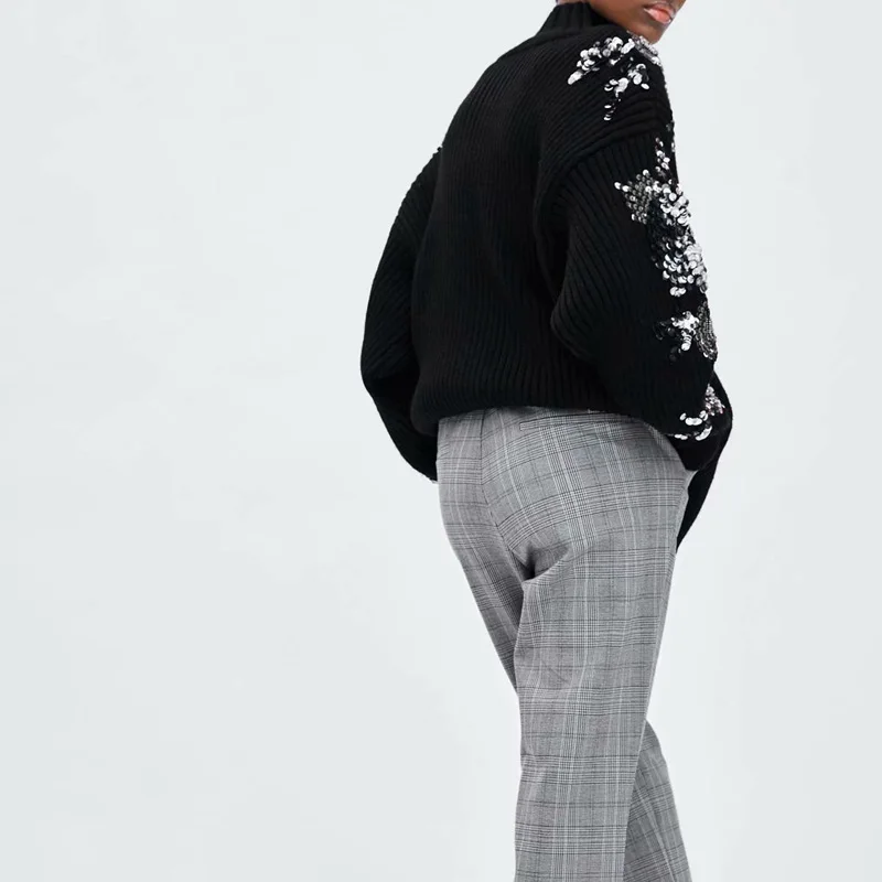 

Fashion Black Women Sweaters Za 2020 Manual Sequin Flowers Knitted Sweater turtleneck long sleeve Ladies Retro Loose Sweater