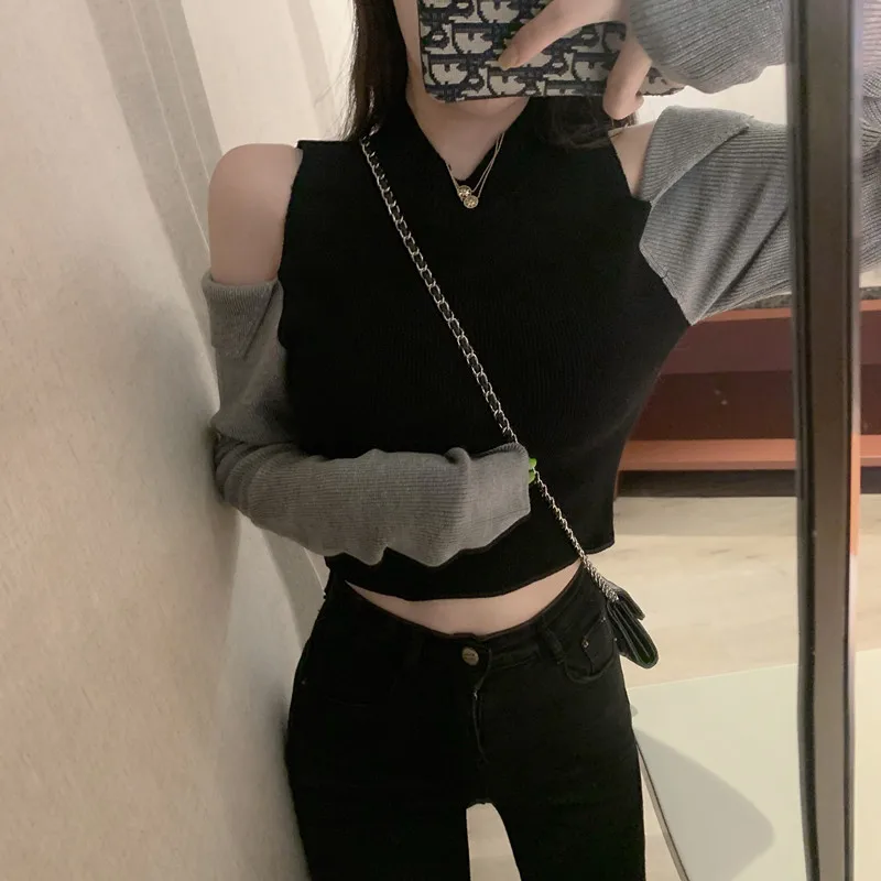 Свитер женский с круглым вырезом открытыми плечами | Женская одежда