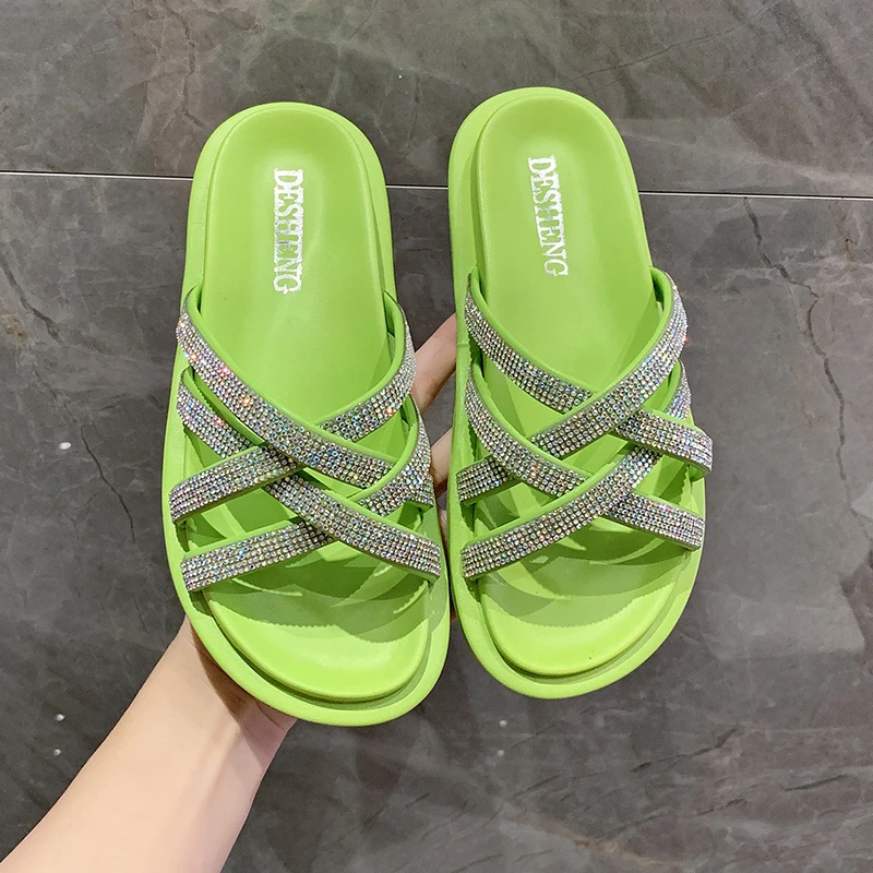 

2021 Women's Flip Flops Summer Fashion Solid Color Shoes Rhinestone Soft Non-slip Home Open Toe Beach Slippers Zapatillas Mujer