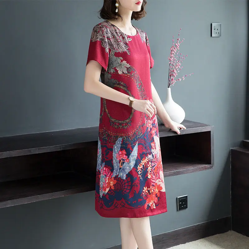 

2021 Women Spring Summer O-Neck Vintage Dress Female Mid Aged Loose Floral Print A-line Vestido Lady Casual Oversize Dresses J31
