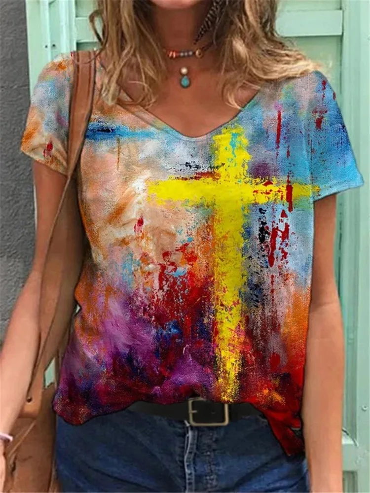 

2021 Women Summer T Shirt Vintage Print Short Sleeve Tees Casual Flower Shaped Faded Pullover Tops