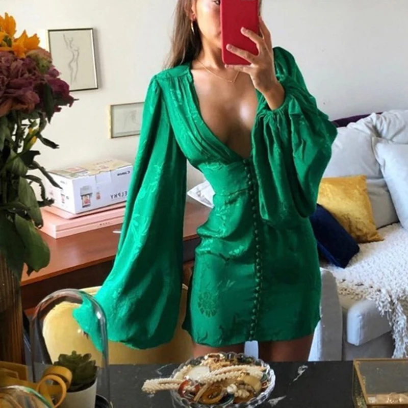 

Women's Autumn Dresses Green Deep V Neck Botton Lantern Sleeve Mini Dress Sexy Female Party Dresses Clubwear Ladies Clothing