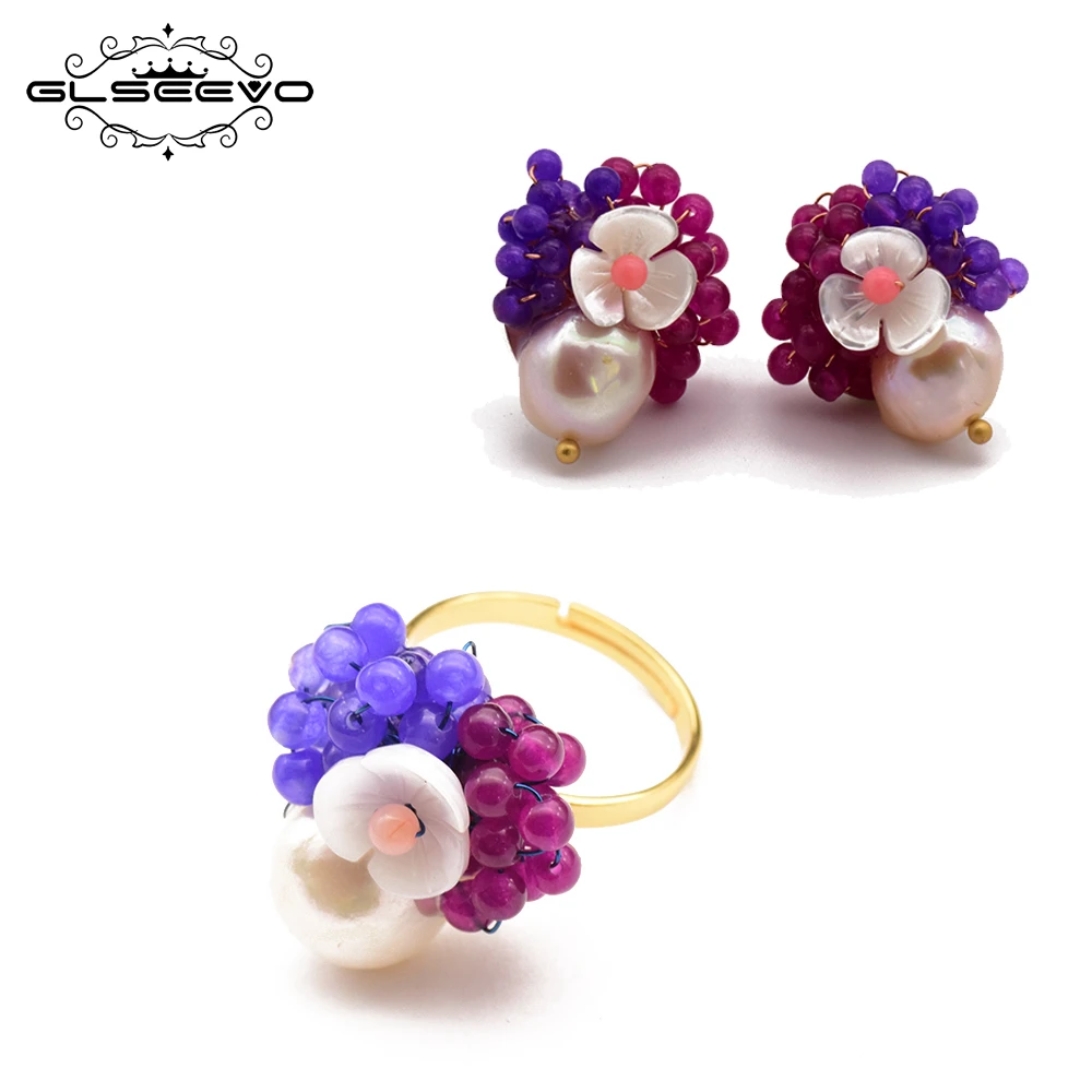 

GLSEEVO Natural Fresh Water Pearls Purple Ring Stud Earring Sets For Women Girls Daughter Gifts Cute Jewelry Set Handmade GS0005