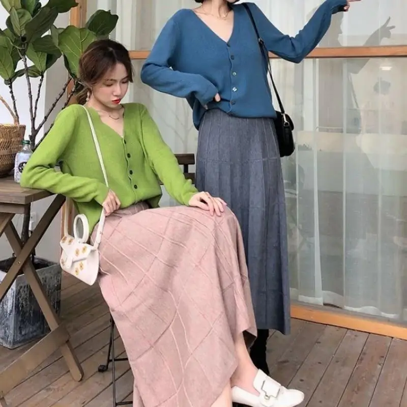 

Autumn and Winter Knitting Skirt Long A- line High Waist Umbrella Skirt Plaid Wool Swing Skirt Woman Mujer Faldas Saias Mulher