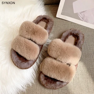 Real Fur Flat Home Shoes Women Slippers Comfortable Open Toe Brown Female Slippers Non-slip Lady 's Autumn Winter Slides
