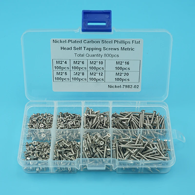 

800Pcs/Set Flat Head Screws M2 Nickel-Plated Carbon Steel Self Tapping Screws Lock Nut Thread Nail Screw Fastener Accessories
