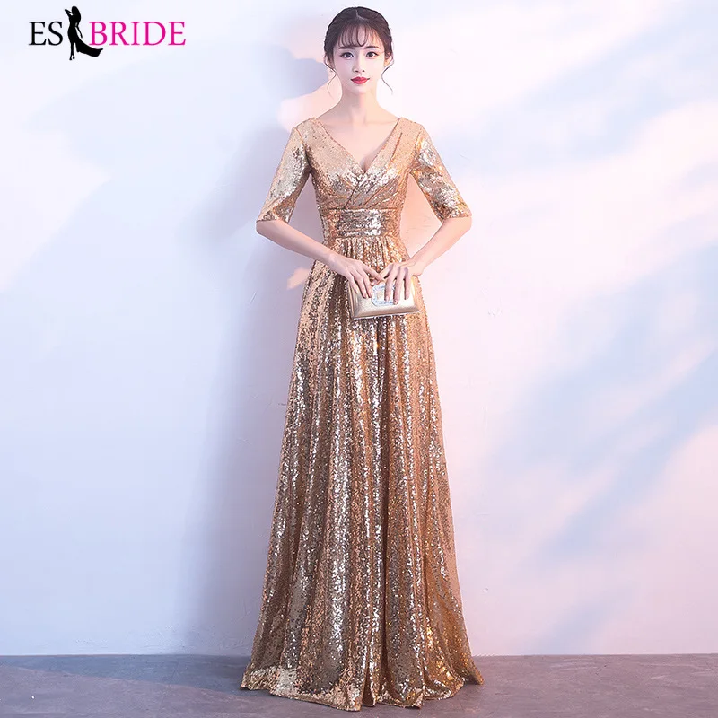 Женское вечернее платье с блестками розовое золото V образным вырезом и рукавом