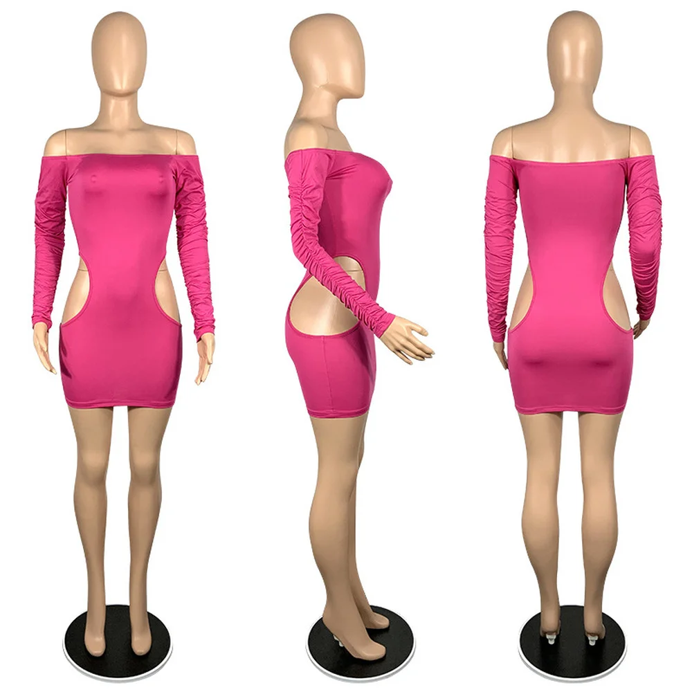 

Waist Band Cut Out Party Club Birthday Dresses for Women Slash Neck Ruched Long Sleeve Skinny Dress Elegant Off Shoulder Vestido