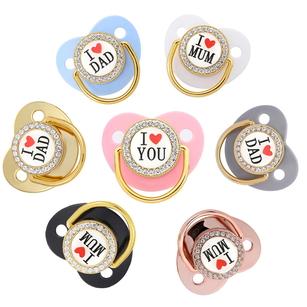 

9 Colors Pacifier Baby Shower Gift Bling Baby Dummy Silicone BPA Free Infant Nipple Newborn Pacifiers For Babies I Love Mum Dad