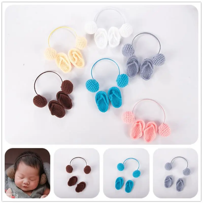 Accesorios de fotograf&iacute;a para reci&eacute;n nacido, zapatillas de ganchillo a mano para beb&eacute; + juego de auriculares, accesorios para fotos de beb&eacute;, zapatos, accesorios de fotograf&iacute;a 900C-3