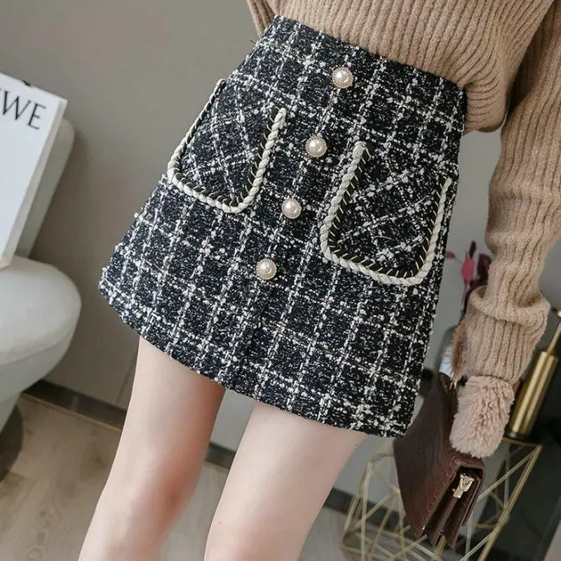 

Button Decoration Tweed Office Lady Skirt High-Waisted Autumn Winter A-Line Elegent Mini Female Skirts