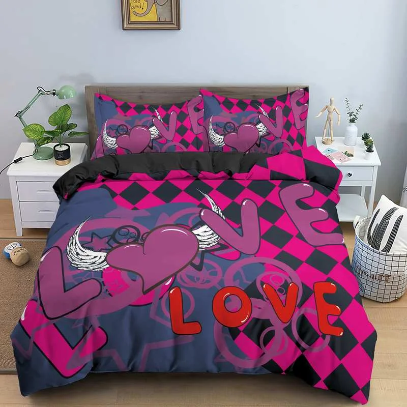

Drop Shipping 3D Love Heart Pattern Printed Duvet Cover Set Polyester Quilt King Queen Size Bedding Pillowcase