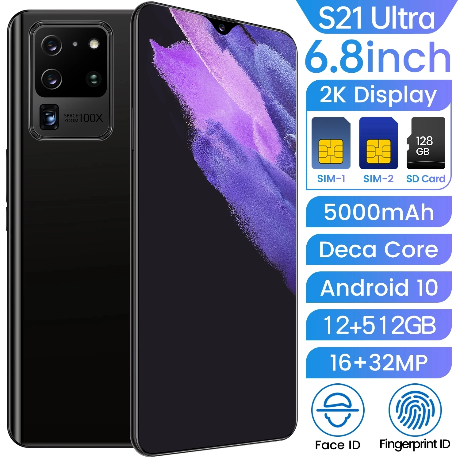 

Global version S21 Ultra mobile phones 12GB+512GB 6.8 inch smartphones Dual SIM telephone 5000mAh cellphones 16+32MP Phones
