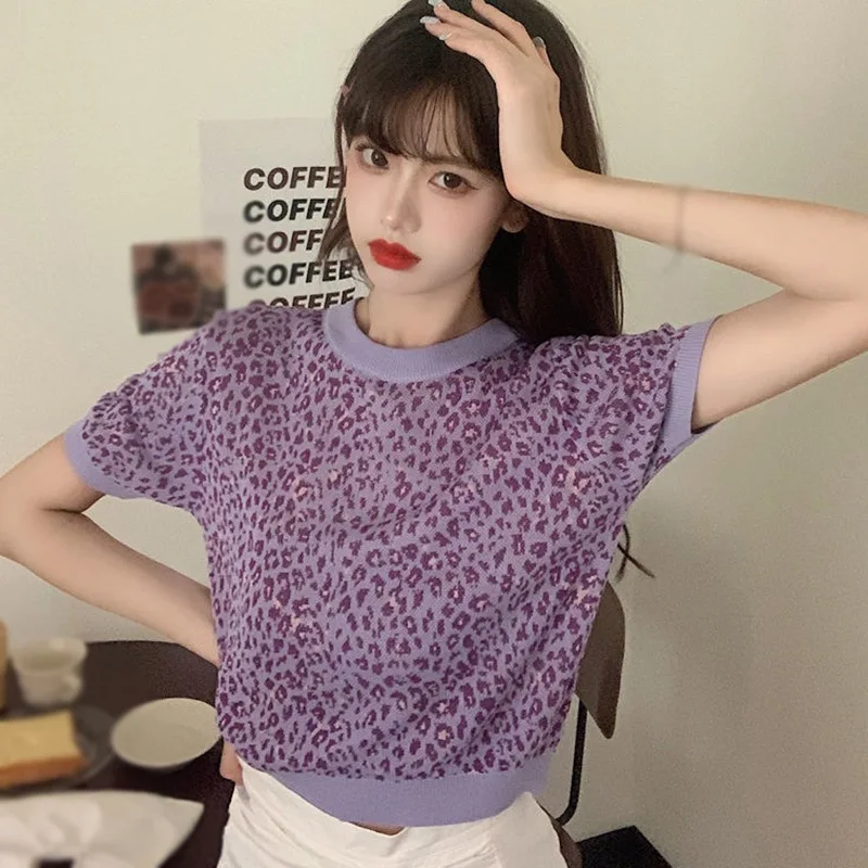 

Women Leopard Print Short-sleeved Tshirt Summer Short Sleeve Korean Style Casual Tee Shirt Tops,
