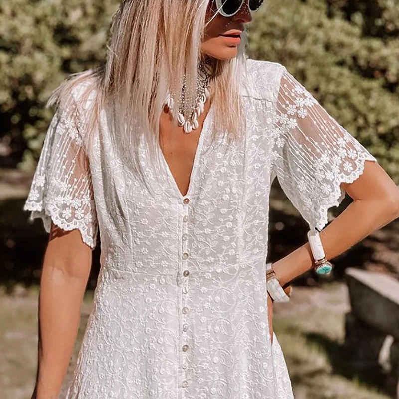 

Hollow Out White Dress Sexy Women Long Lace Dress Short Front and Long Back V-Neck Short Sleeve Lace Maxi Dress