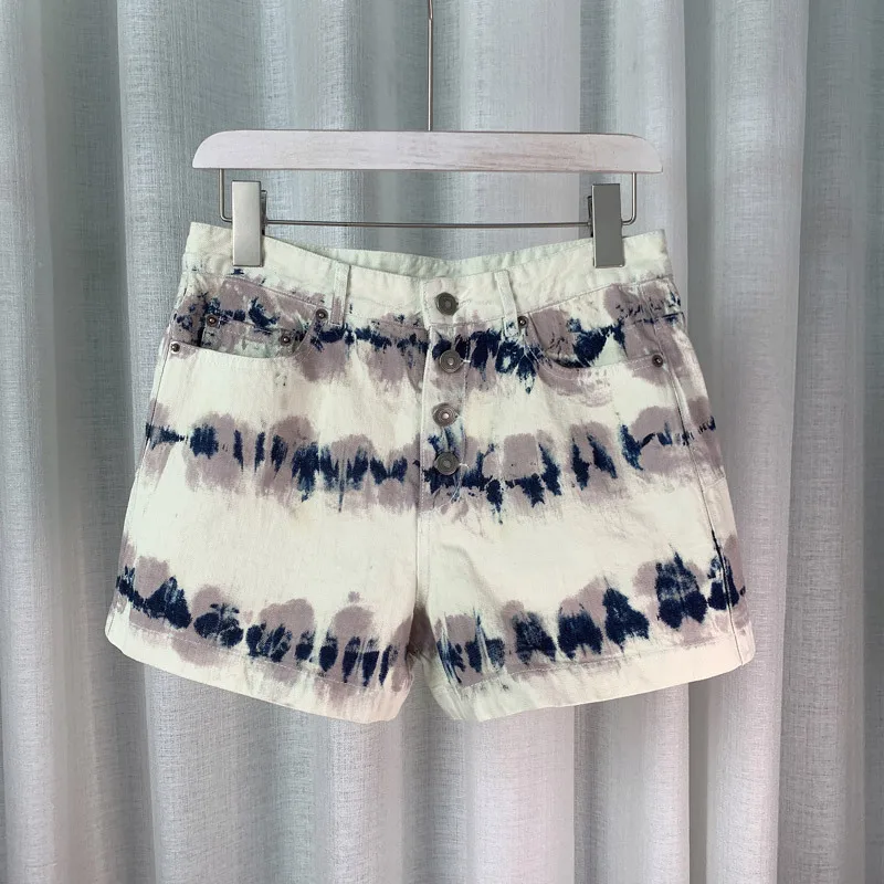 

New tie dyed denim shorts men s and women s one piece generation high waist a print casual pants trend