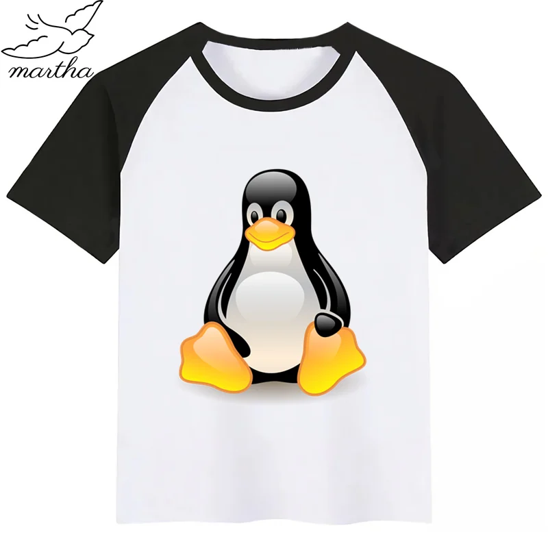 Летние Стильные Забавные топы для девочек с изображением пингвина LINUX модная