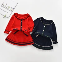 1 8y little girls clothes academic style dress set patchwork lapel collar button coats striped pleated short knitted skirt