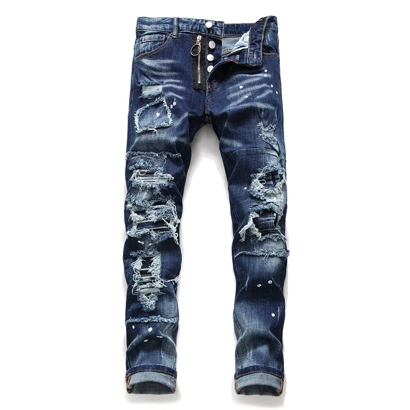 

Fall Straight Jeans Men's Hole Patch Casual Men's Denim Trousers Splash Paint Zipper Decoration Fashion Trend Pencil Pants