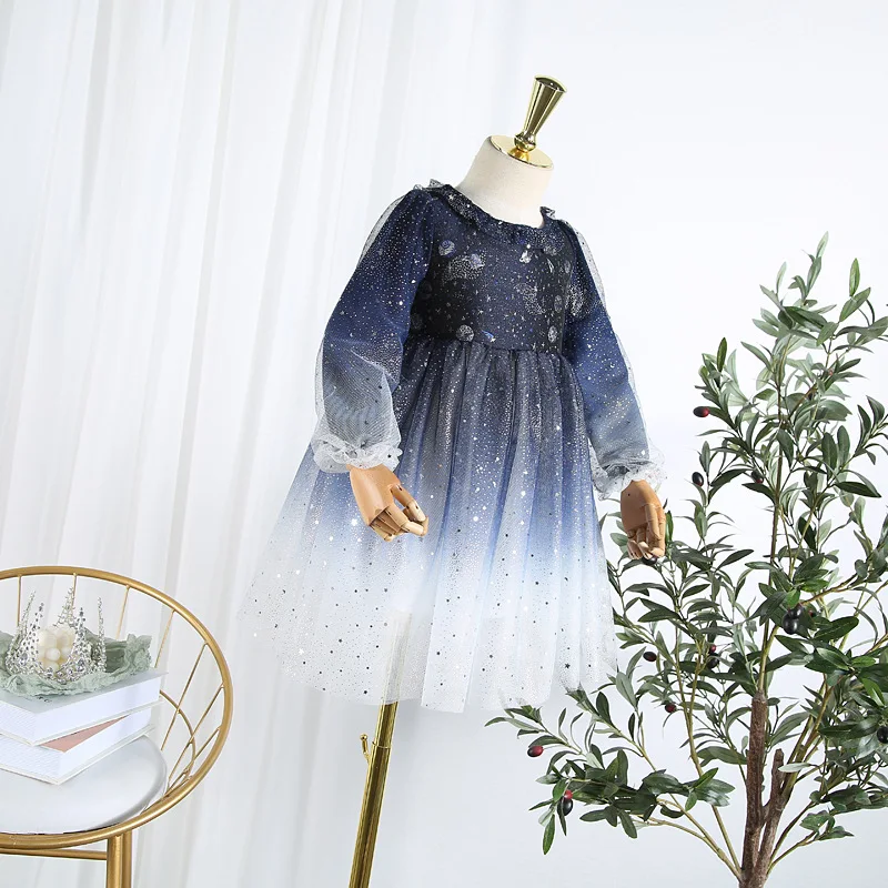 Girls dress 2019 autumn new children's gauze long sleeve starry sky gradient mesh skirt female treasure party | Детская одежда и