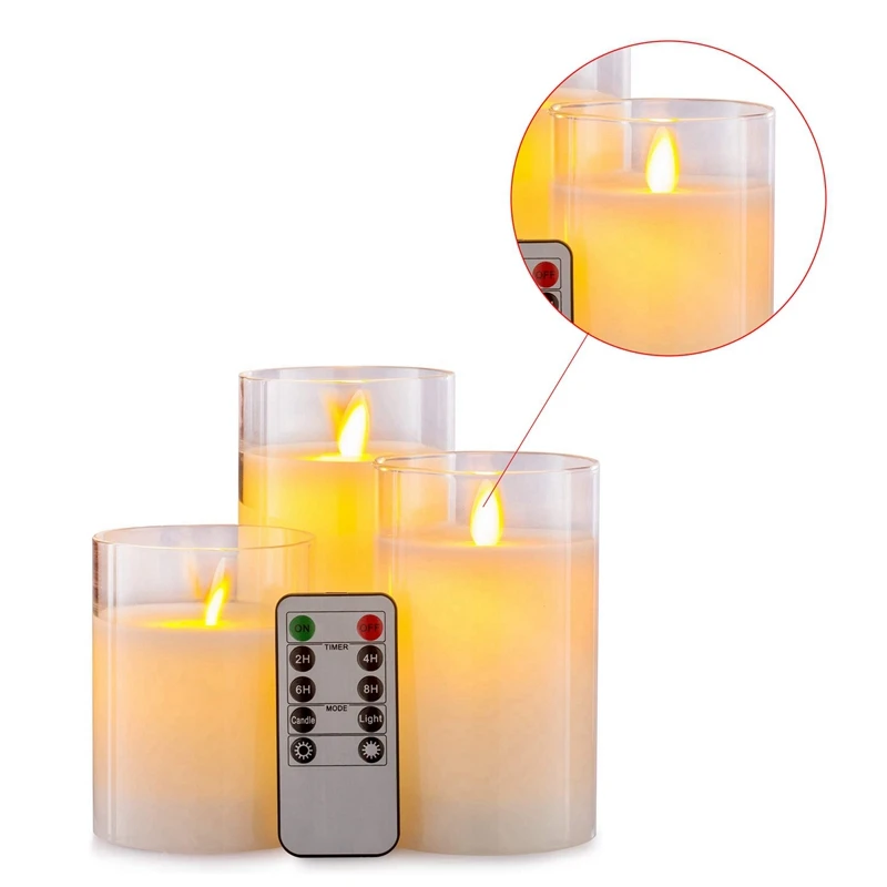 

Remote Flameless Candle Pillar Real Wax Electric LED Glass Candle Set with Control Timer, 4 Inch 5 Inch 6 Inch Pack