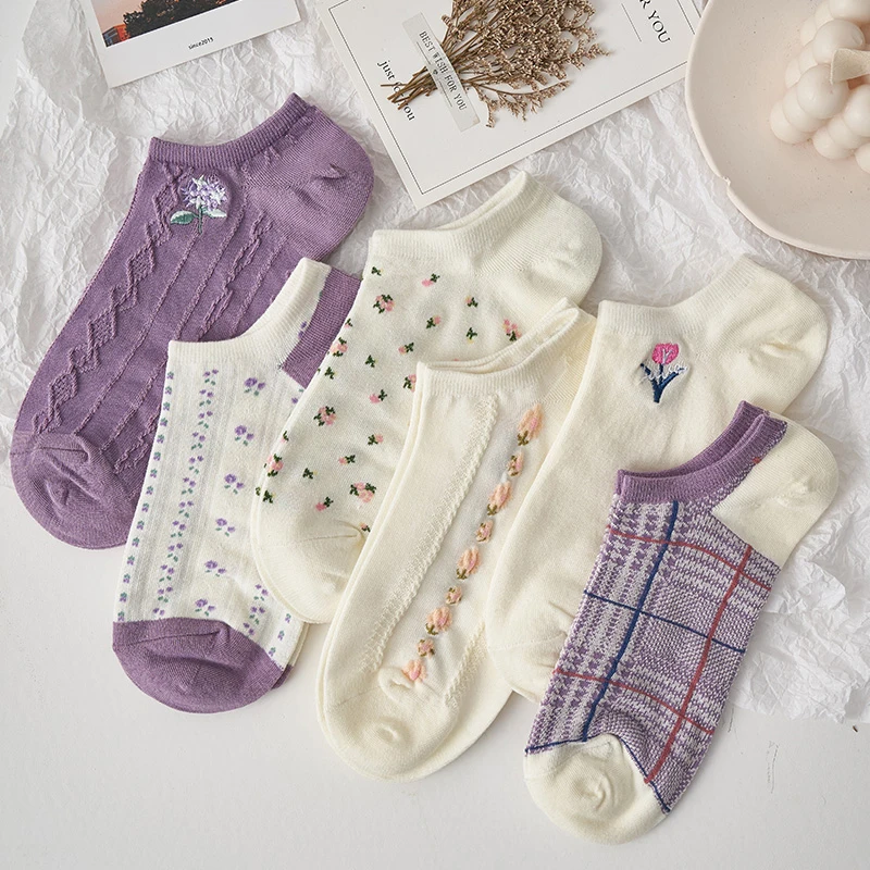 Носки женские тонкие из чистого хлопка модные короткие фиолетовые в японском