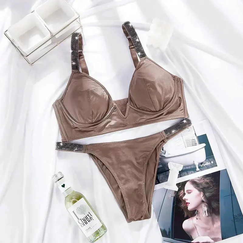Sexy Letter Rhinestone Underwear Set Pink Women Brand Comfort Brief Sets Push Up Bra Panty 2 Piece Lingerie Sets lenceria mujer