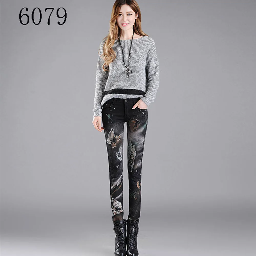 

Woman Black Jeans Plus Size Skinny Pencil Casual Pants With Diamond Coloured Drawing Of Pattern Stretch High Quality Jeans