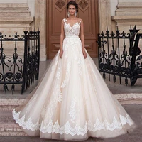 beautiful scoop neck lace appliques wedding dress a line illusion top bridal dress garden long robe de mariee formal bead waist
