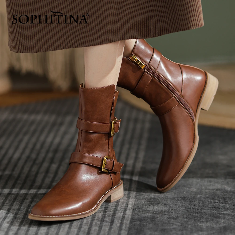 

SOPHITINA Casual Women's Boots Genuine Leather Metal Buckle Round Toe Square Heel Boots Convenient Zipper Office Shoes HO358