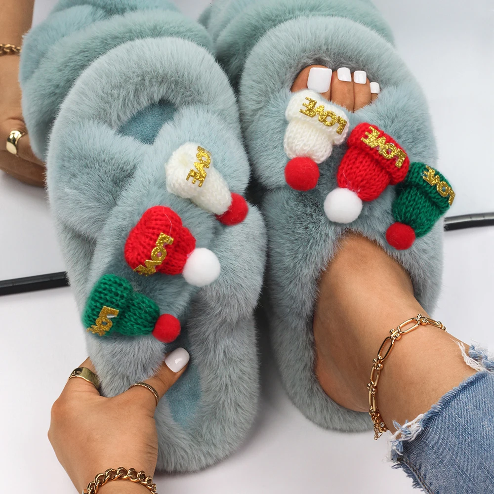Furry Slippers Women Christmas woolen hat Decor Faux Fur Slides Ladies Flip Flops Designer Fur Sandals Bedroom Slippers Shoes