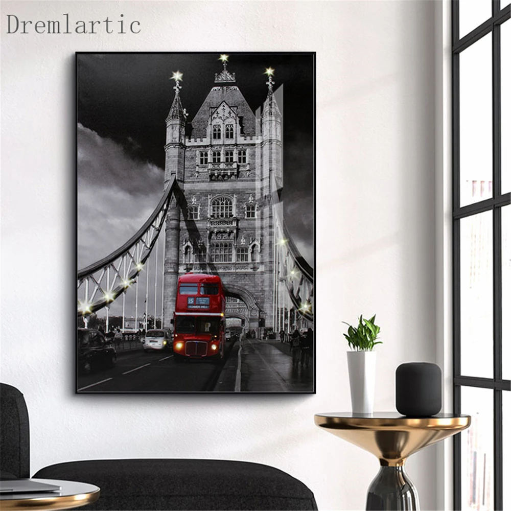 Лондонский автобус на башне мост холст постер из шелковой ткани современный