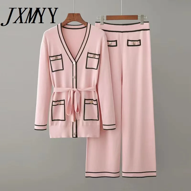 

JXMYY Early Autumn Long-Sleeve Knit Suit Lace-Up Waist Mid-Length V-Neck Cardigan + Wide-Leg Pants Two-Piece Female