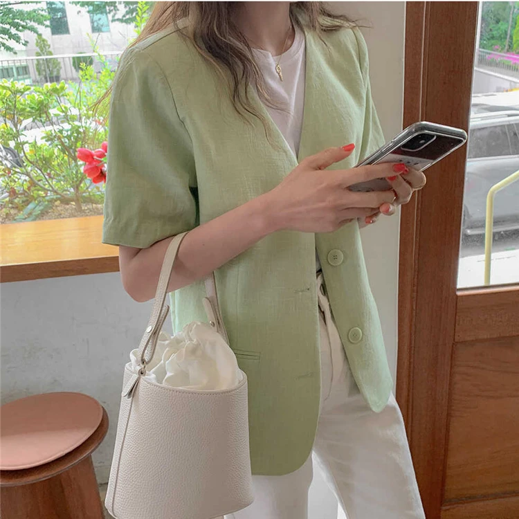 

2020 Autumn Women Fashionable Blazer Jacket V-Neck Short Sleeve Single Breasted Pockets Outerwear Cotton and Linen Wild