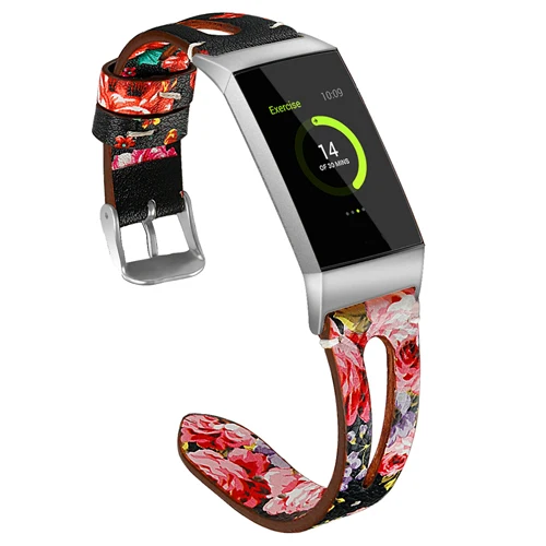 Black Red flower Модный кожаный ремешок для Fitbit Charge 3 band спортивные Смарт-часы замена браслета ремень браслет часы ремешок - Цвет ремешка: Black Red flower