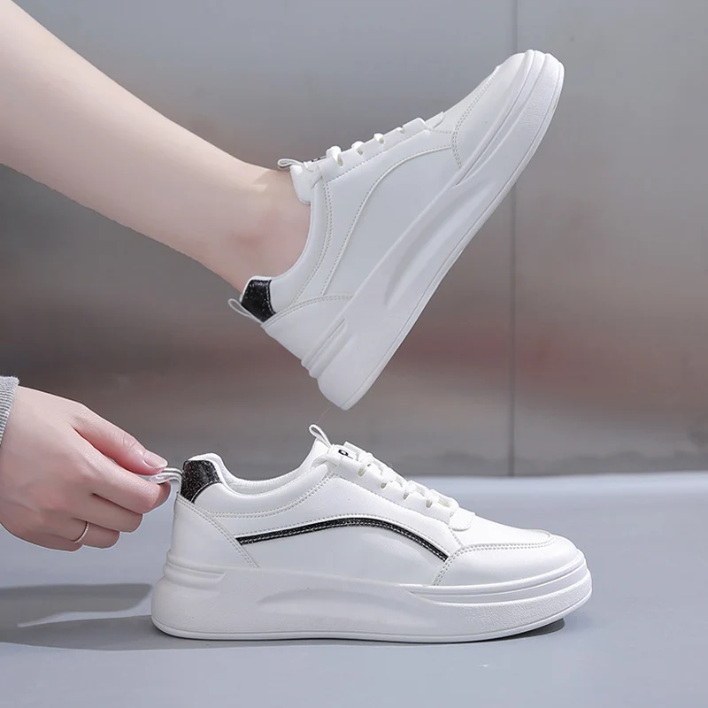 

Women's Flats Spring Vulcanized Shoe Thick Bottom Female Sneakers Pu Lace Up Casual Fashion Woman Little White Footwear 2021 New