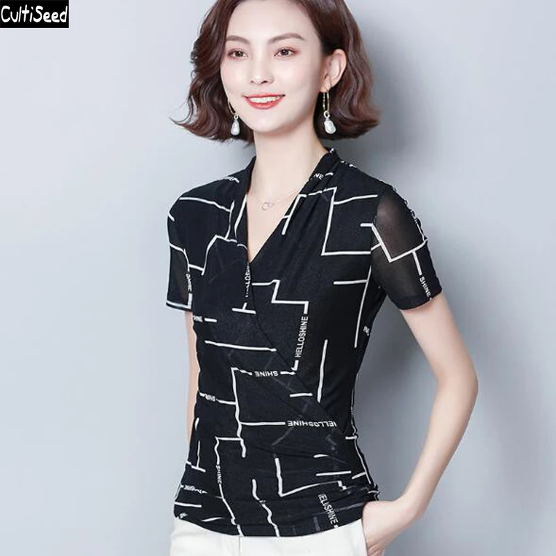 

Cultiseed Women Perspective Mesh Shirts Blouses Ladies OL Elegant Office Work Party Shirts Top Female Print Short Sleeve Shirts