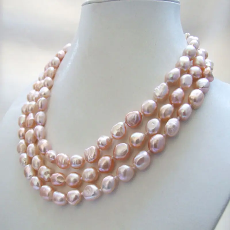 

3 strands genuine natural 8-10MM pink baroque freshwater pearl necklace 17-19"