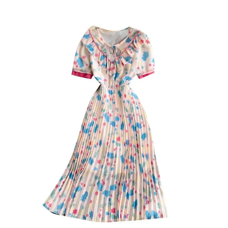 

2021 summer new women o-neck lace-up ruffles stars print chiffon A-line dress female Chic sweet elegant waist pleating dresses