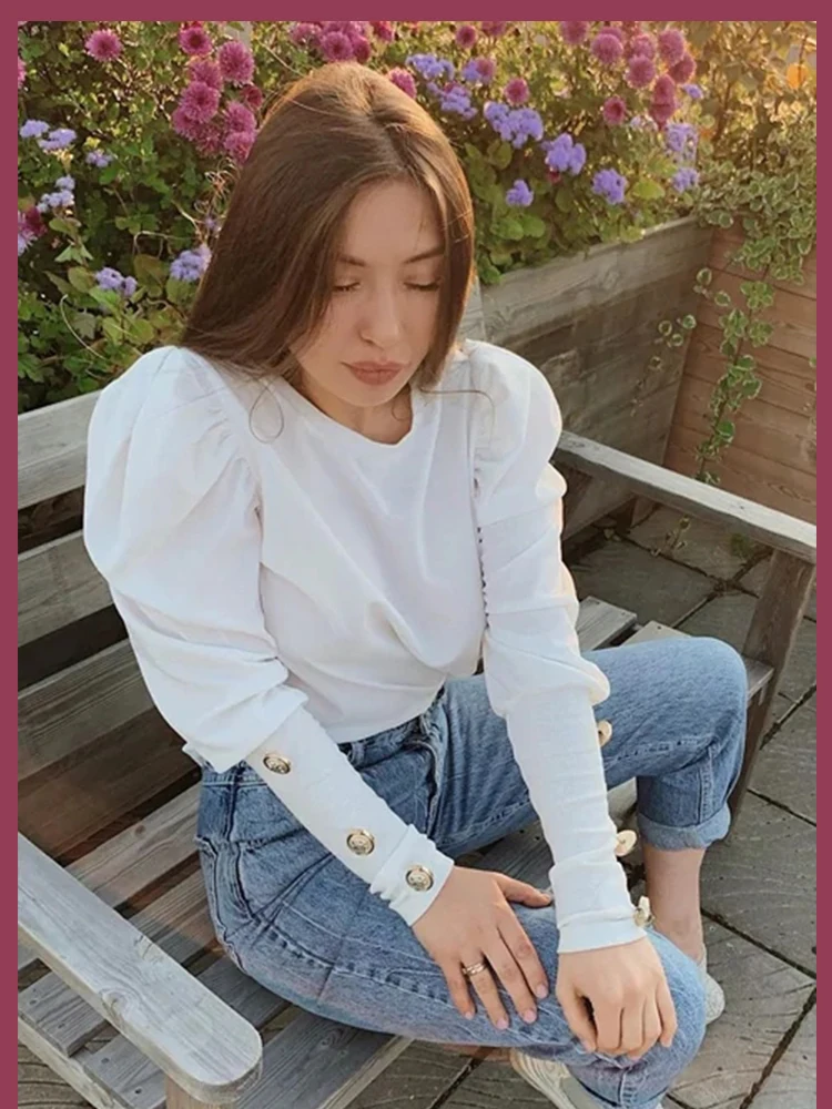 Sheinside, элегантная белая футболка, Женский Топ с длинным рукавом, с пышными рукавами, с пуговицами, женская футболка, осенние Рубашки, женские топы