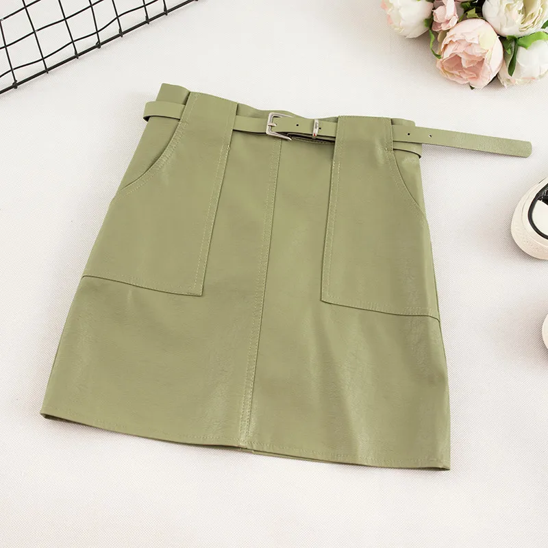 Green Skirt Винтажные юбки из искусственной кожи с высокой талией, осенне-зимняя женская мини-юбка из искусственной кожи, одноцветная женская короткая юбка с карманами и поясом - Цвет: Green Skirt