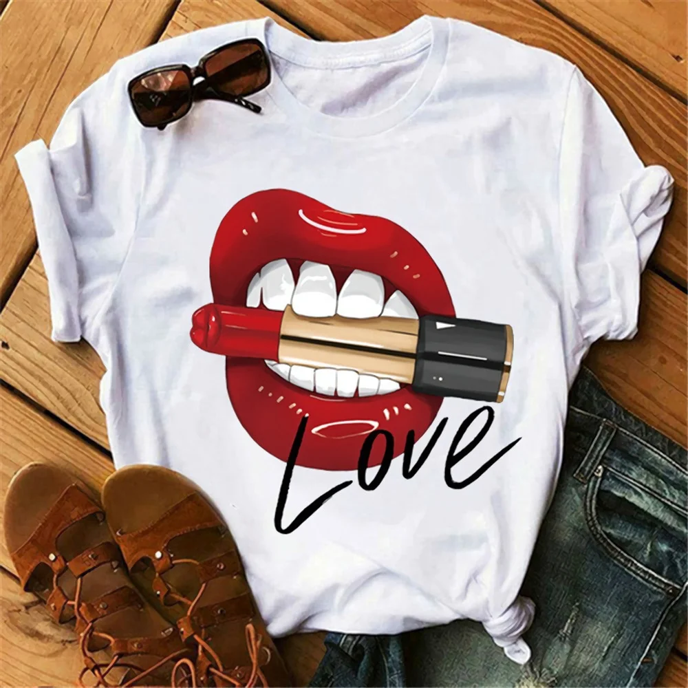 

Fashion Casual Printed Women's Graphic T-shirt Women's Short-sleeved Loose Lips Printed Clothes Women's Trendy Plus Size