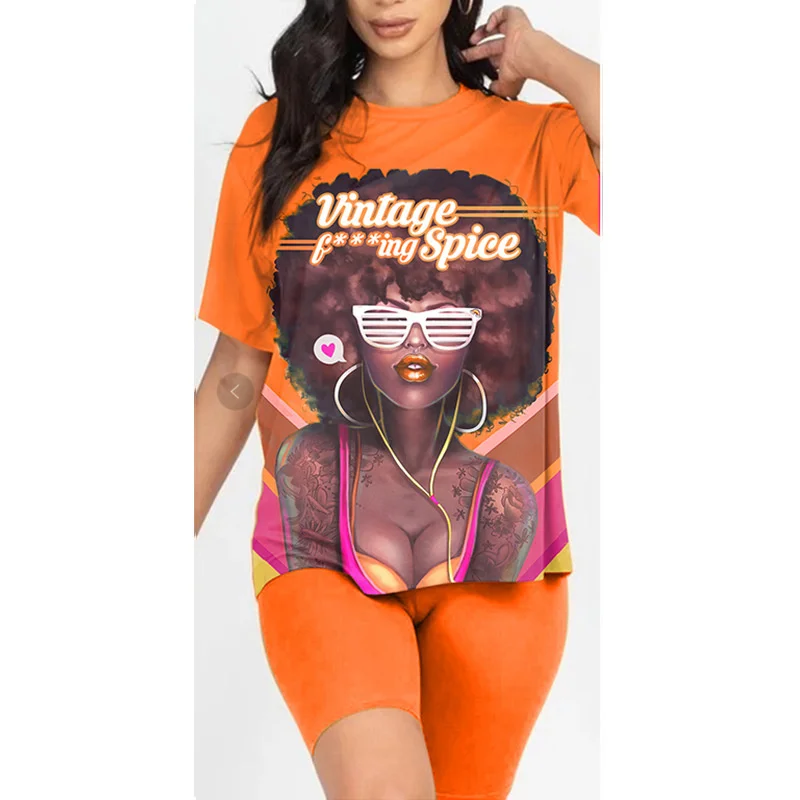 

Cutubly O Neck 2 Piece Shorts Set 2021 Summer Women Set Suit Women Leisure Cartoon Letter Print Short Sleeve Pants Set