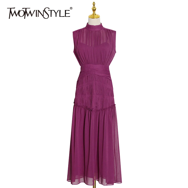 

TWOTWINSTYLE Vintage Ruched Dress For Women Stand Collar Sleeveless High Waist Chiffon Midi Dresses Female 2022 Fashion New