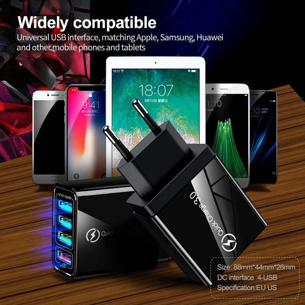 Адаптер питания Elough с 4 USB портами и поддержкой быстрой зарядки 3.0 для телефонов
