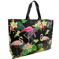 new foldable non woven fabric grocery shopping bag reusable folding tote pouch travel flower flamingo pink storage handbag