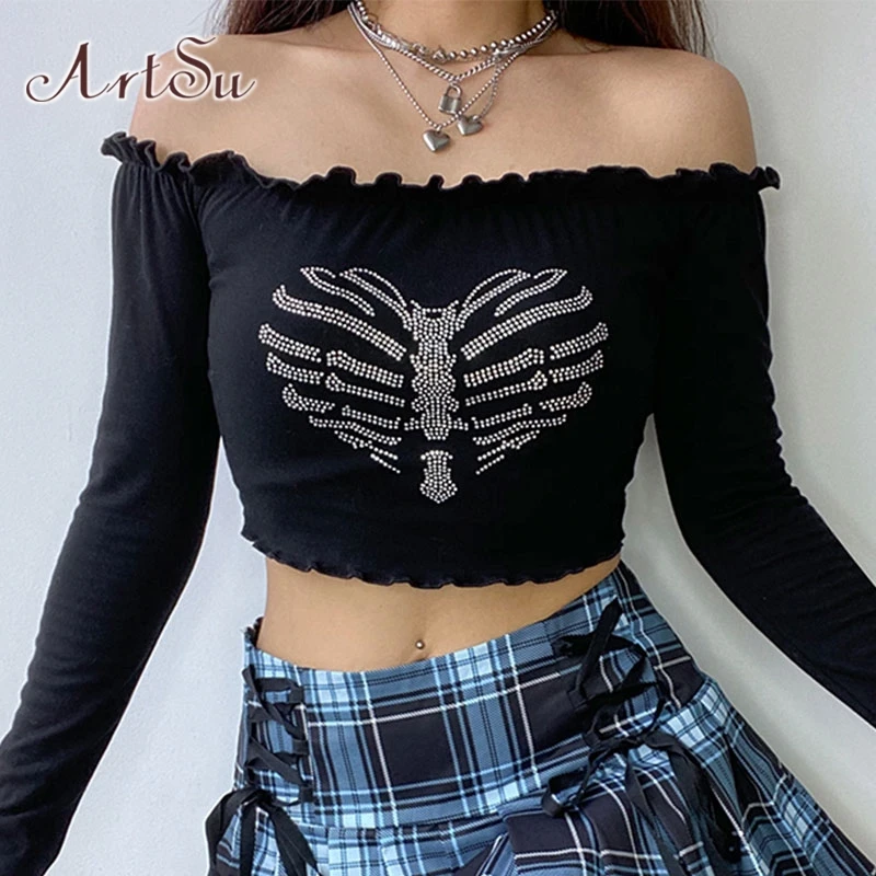 

ArtSu Off Shoulder Crop Top Y2K Clothes Rhinestone Heart Slash Neck Streetwear Kawaii Long Sleeve Sexy Black Shirt Tees T-shirts